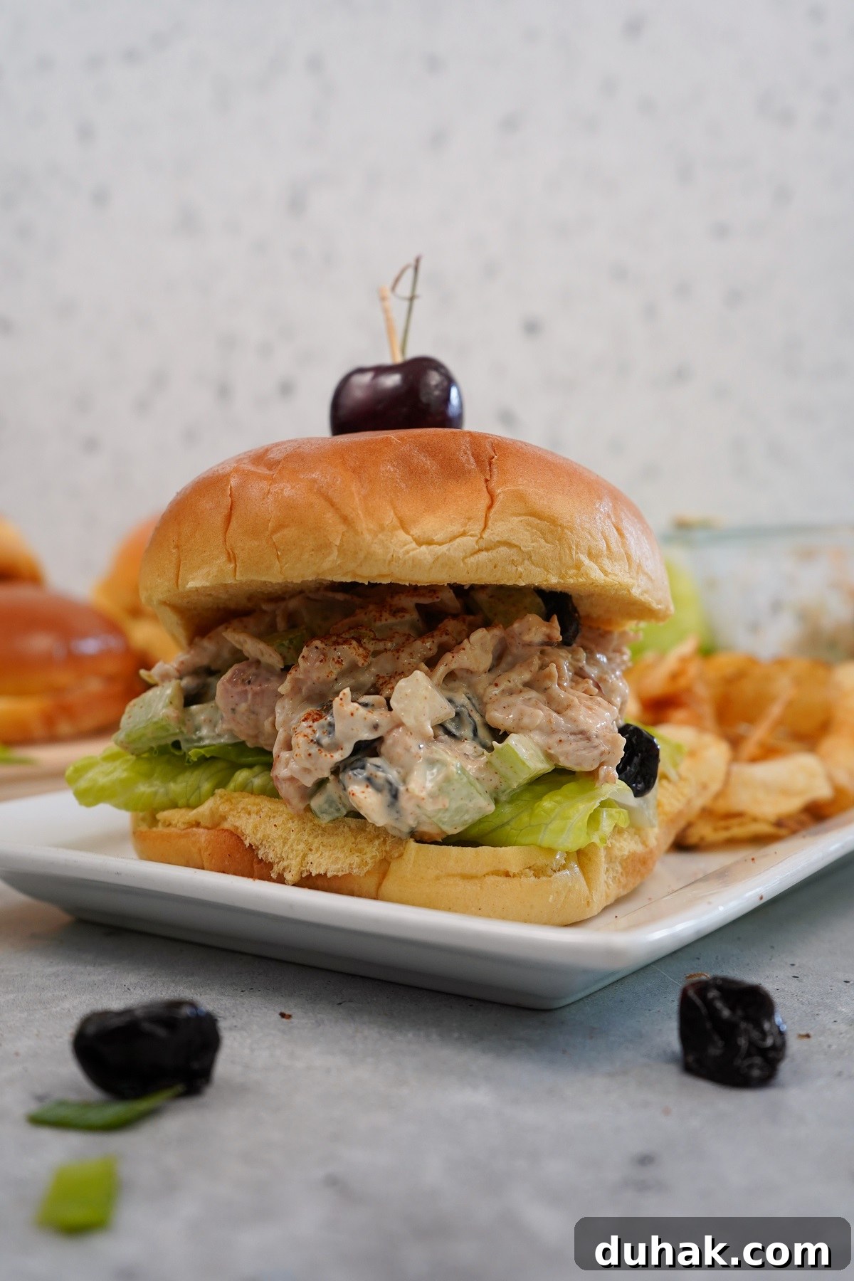 Smoked cherry chicken salad stacked high on a bun. 