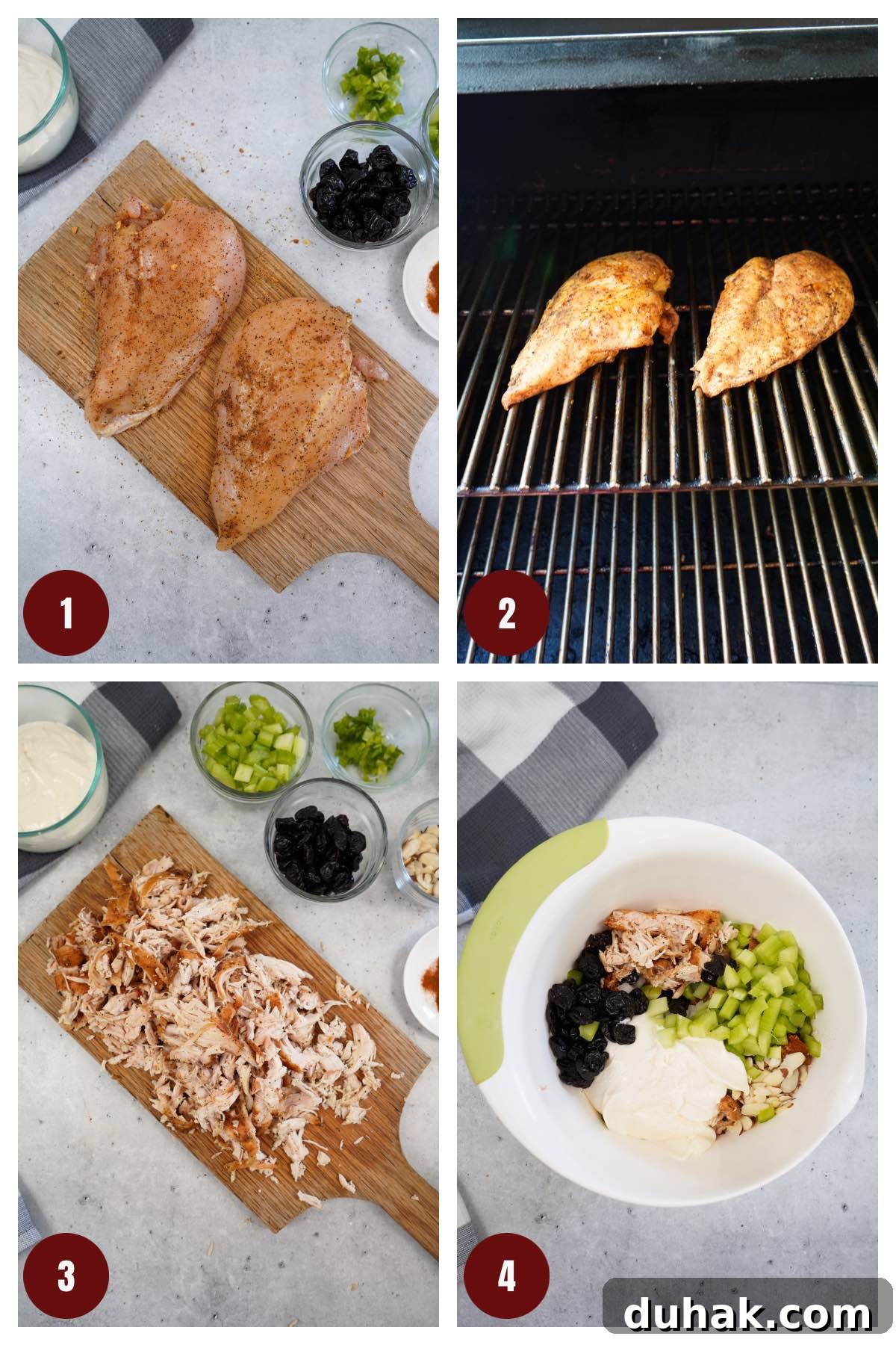 How to make smoked chicken salad steps in a collage 