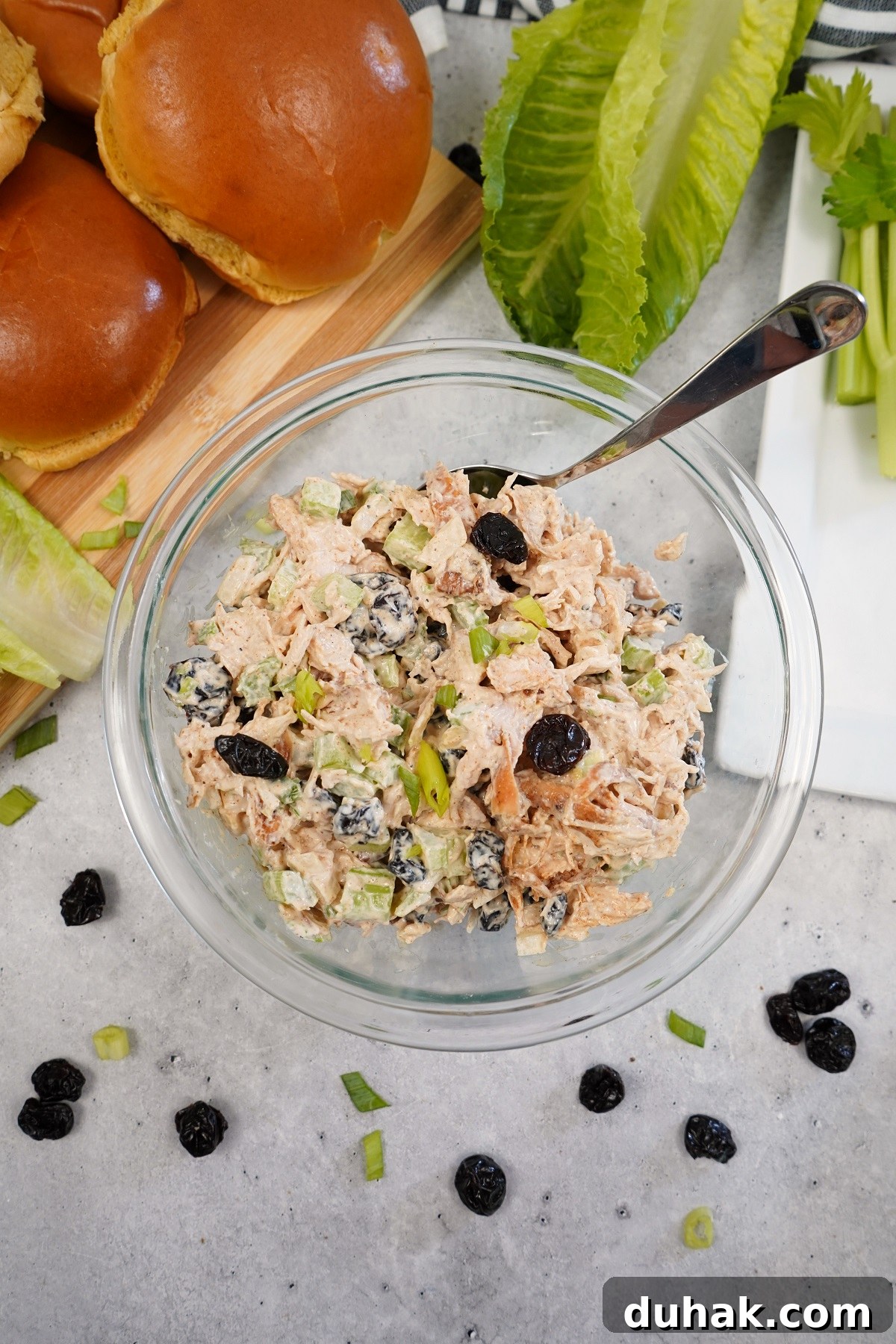Cherry chicken salad in bowl before serving. 