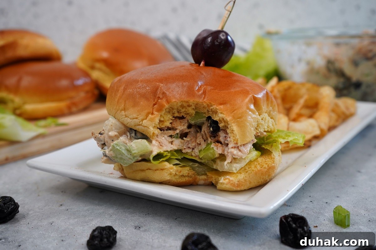 Smoked cherry chicken salad sandwich with bite missing. 