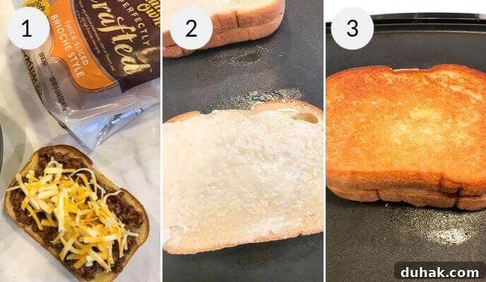 Sloppy Joe Grilled Cheese Sandwich Recipe for Comfort Dinner 5 Steps for making a Sloppy Joe Grilled Cheese: 1) Add cheesy Sloppy Joe filling to a bread slice. 2) Butter the outside of another slice. 3) Grill until golden brown perfection.