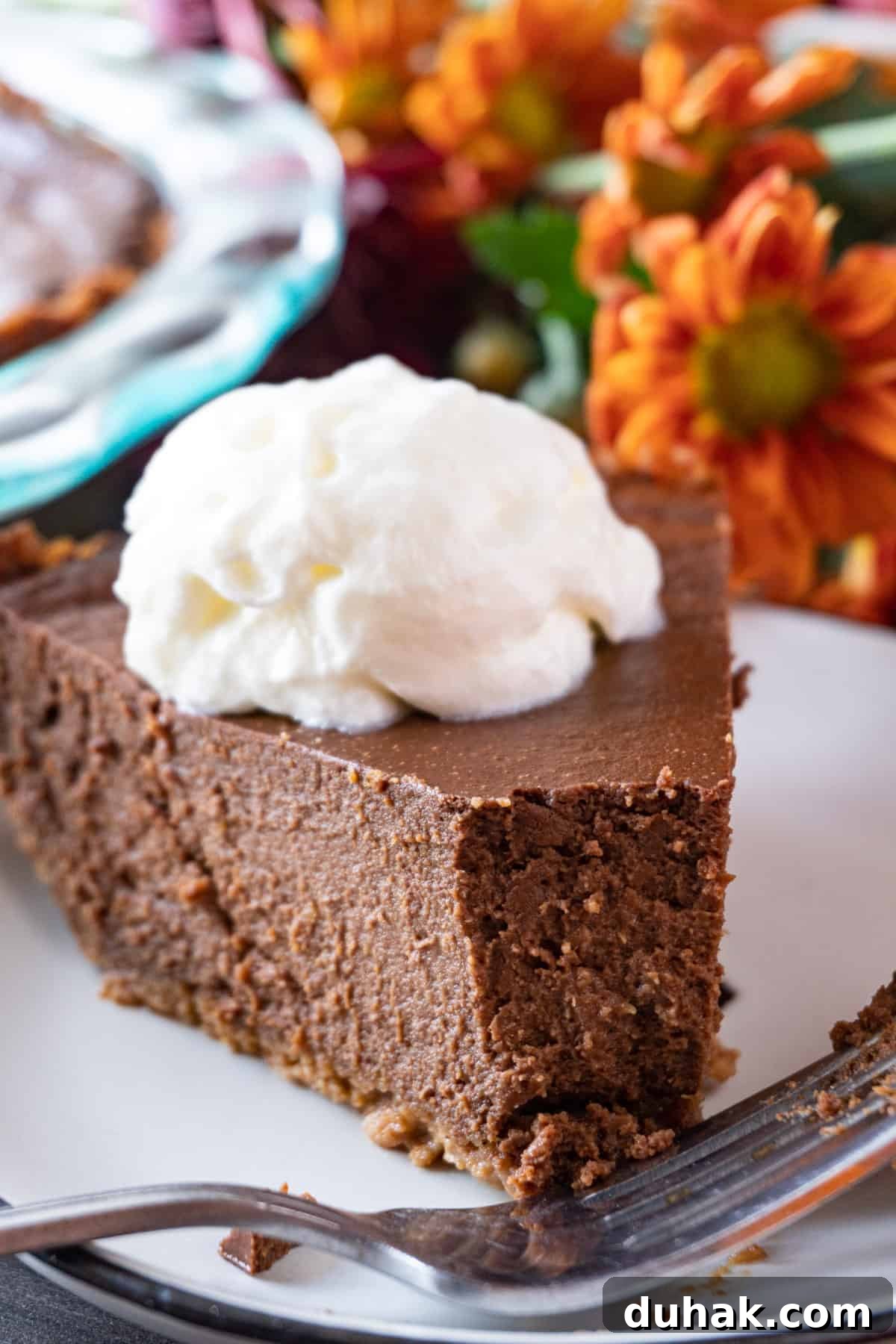 Decadent Chocolate Pumpkin Pie Recipe for Fall Desserts 15 Chocolate pumpkin pie, and whipped cream, with a bite taken out.