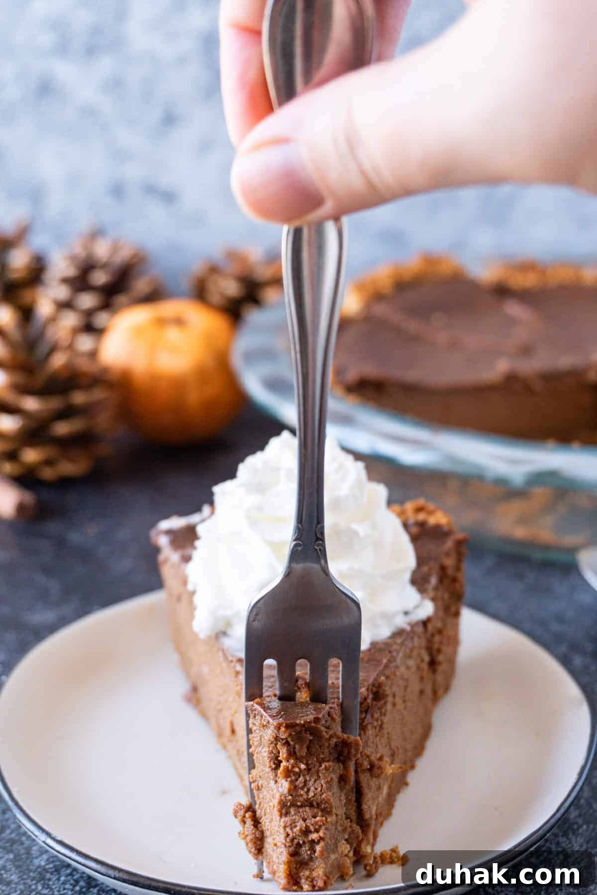 Decadent Chocolate Pumpkin Pie Recipe for Fall Desserts 4 A fork taking a piece out of the Chocolate Pumpkin Pie, sitting on white plate.