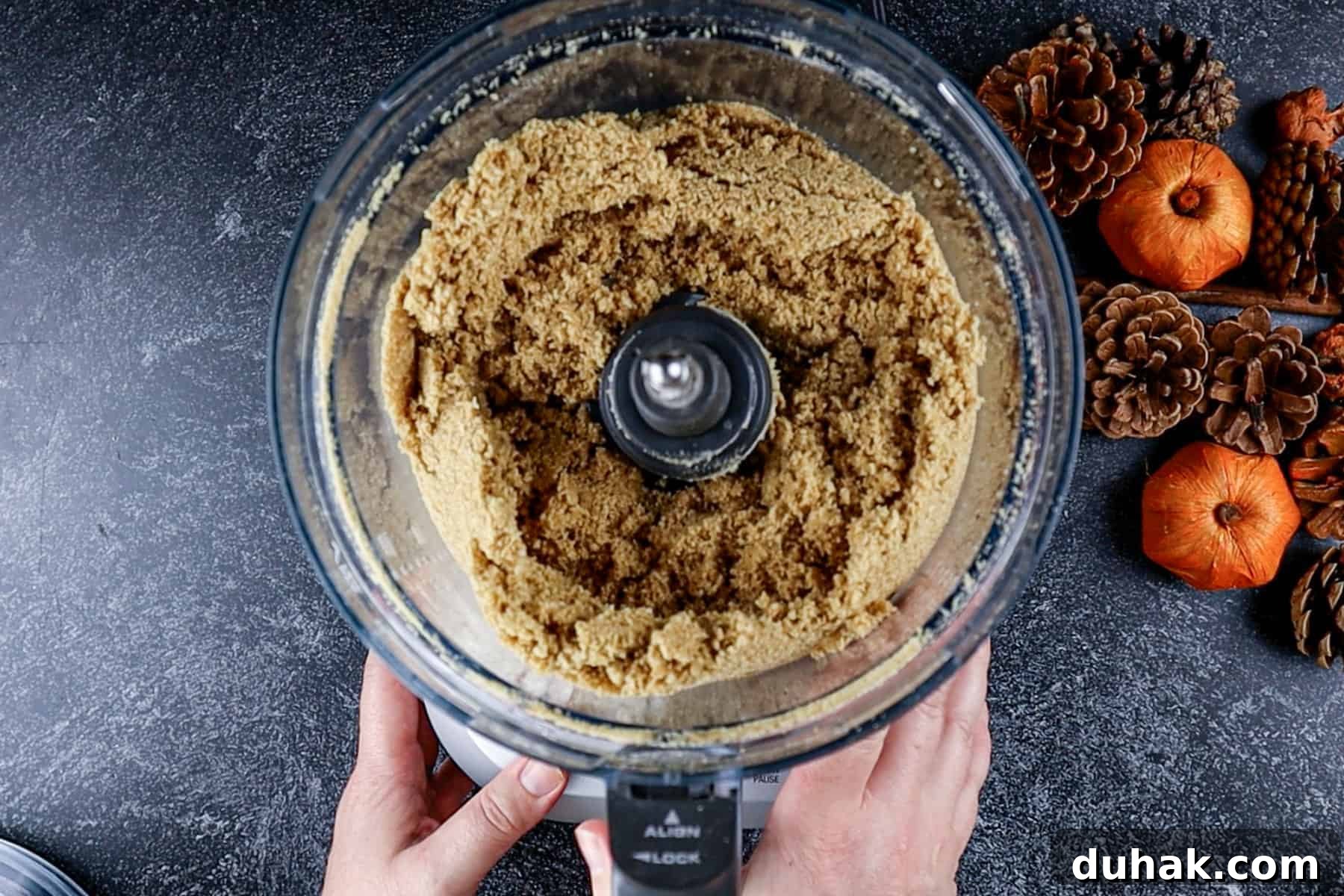 Decadent Chocolate Pumpkin Pie Recipe for Fall Desserts 6 Graham crackers, sugar, and butter in a food processor, mixed together.