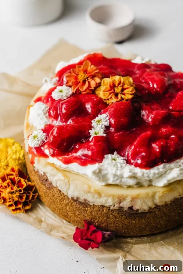Silky Mascarpone Cheesecake Recipe with Luscious Cream Filling 12 strawberry cheesecake recipe garnished with whipped cream and strawberry sauce on top.