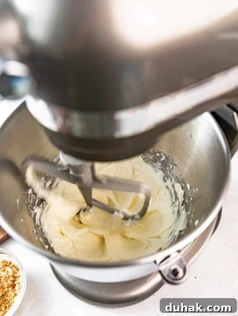 Silky Mascarpone Cheesecake Recipe with Luscious Cream Filling 6 cheesecake filling in the bowl of a stand mixer fitted with the paddle attachment.