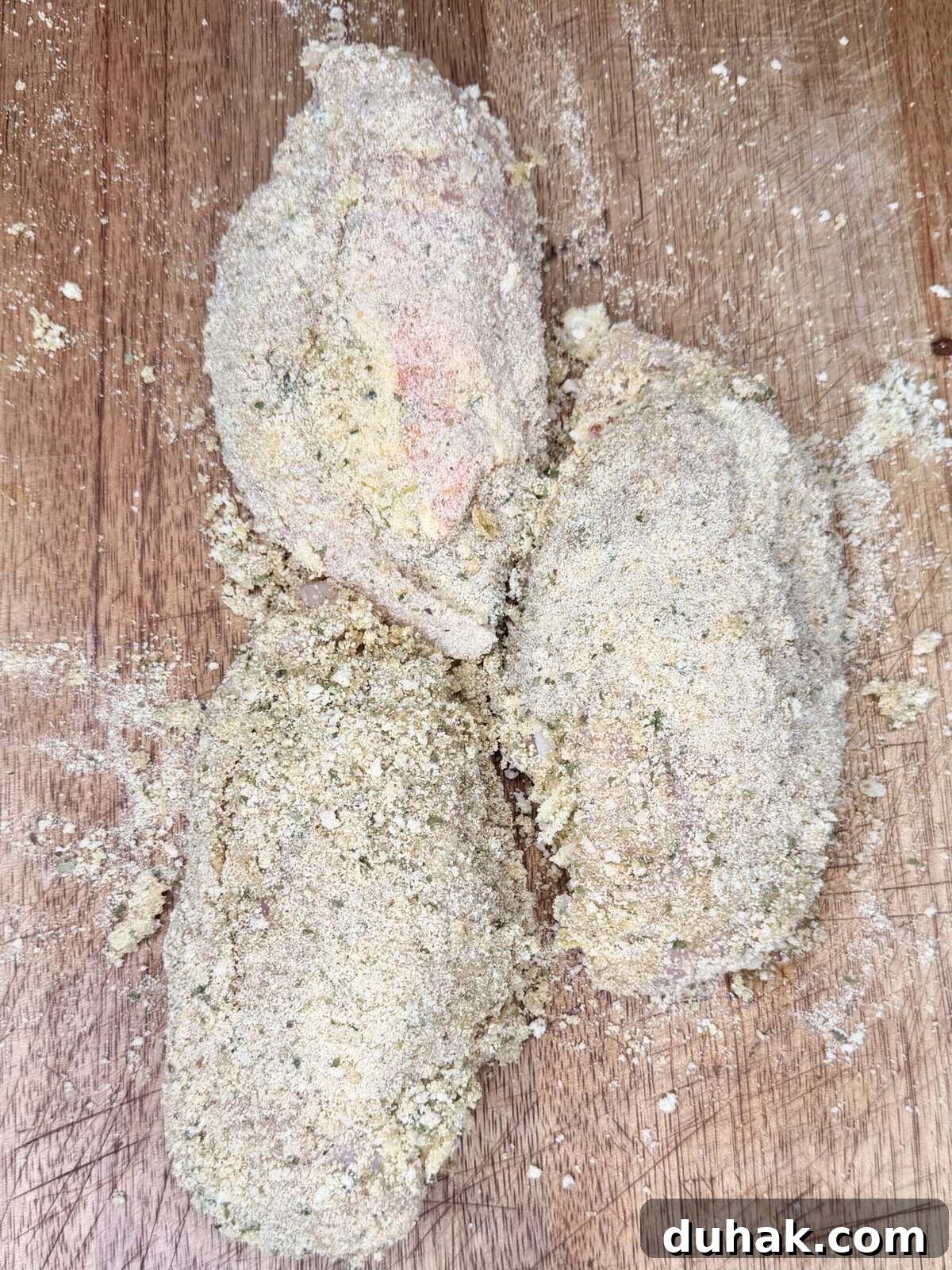 Creamy Spinach & Cheese Stuffed Chicken Cutlets Recipe 7 Three pieces of raw chicken coated in seasoned breadcrumbs sit on a wooden surface, ready to be cooked. Crumbs and seasoning are scattered around them.