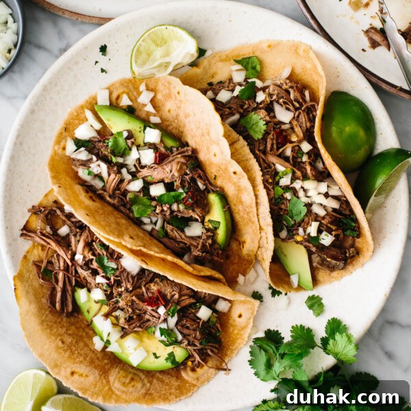Barbacoa tacos on a plate with cilantro and lime wedges.