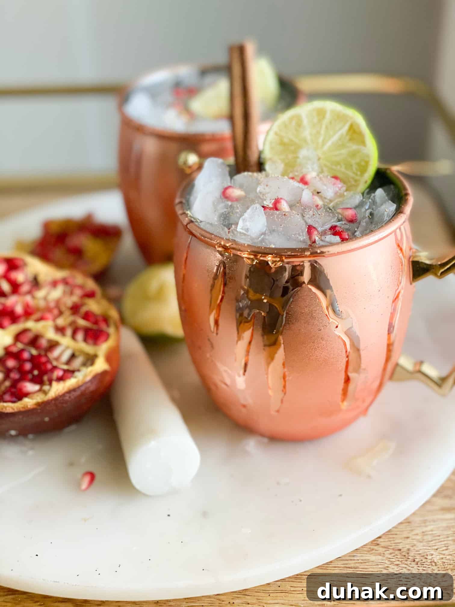 Thanksgiving mocktail in a copper mug with ice