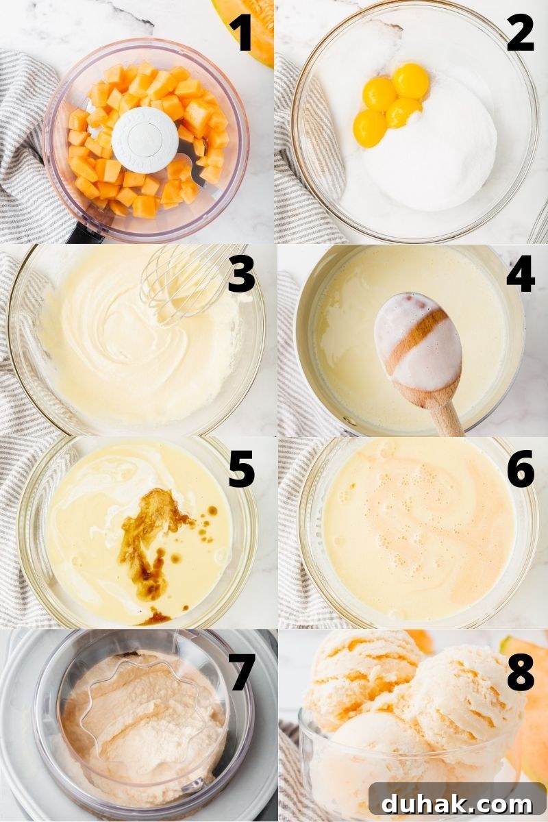 Creamy Cantaloupe Ice Cream Recipe: Refreshing Summer Treat 4 A collage of 8 images showing how to make cantaloupe ice cream from scratch.