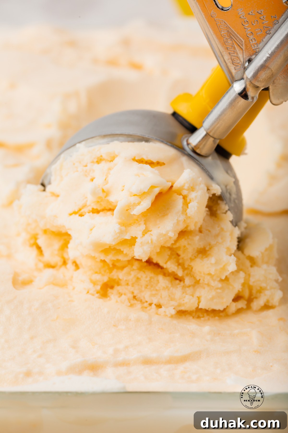 Creamy Cantaloupe Ice Cream Recipe: Refreshing Summer Treat 6 a metal scoop pulling a serving of cantaloupe ice cream from a dish.