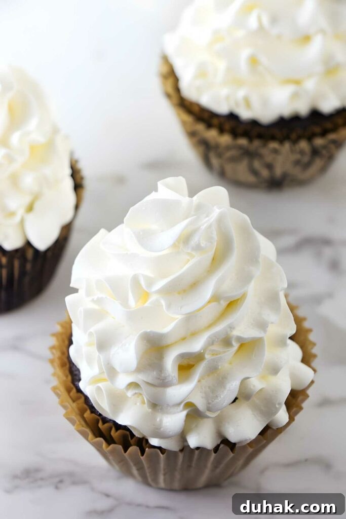 A cupcake with Italian meringue buttercream swirled on top. 