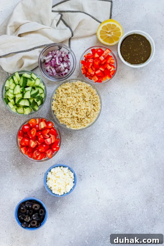 Greek-Style Quinoa Salad with Feta, Cucumber & Olives 3 ingredients for Greek quinoa salad