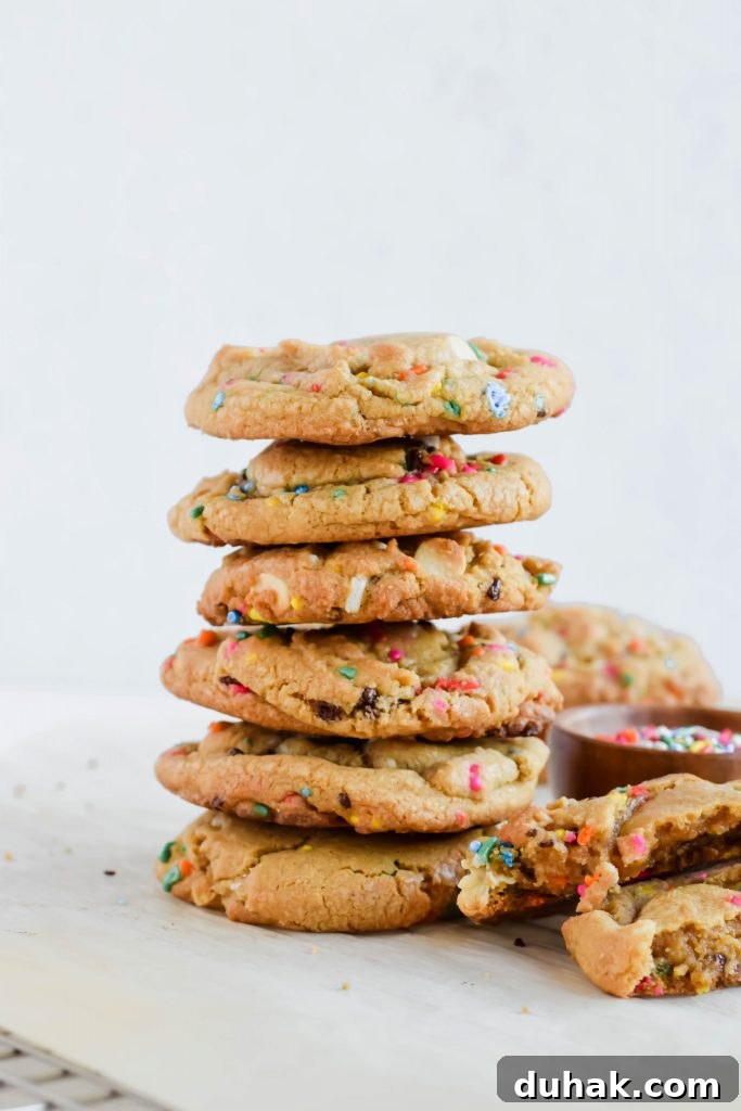 Stack of six Funfetti Chip Cookies.