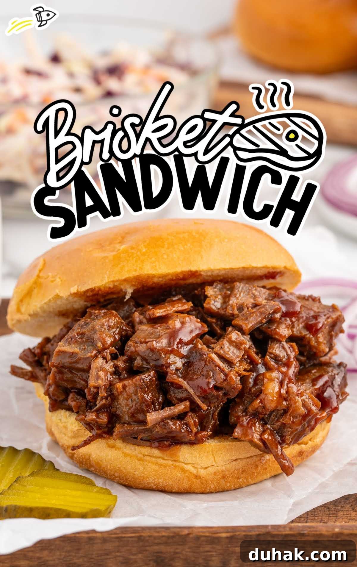 Smoky Texas Brisket Sandwich Recipe for Tender Pulled Beef 2 close up shot of a Brisket Sandwich