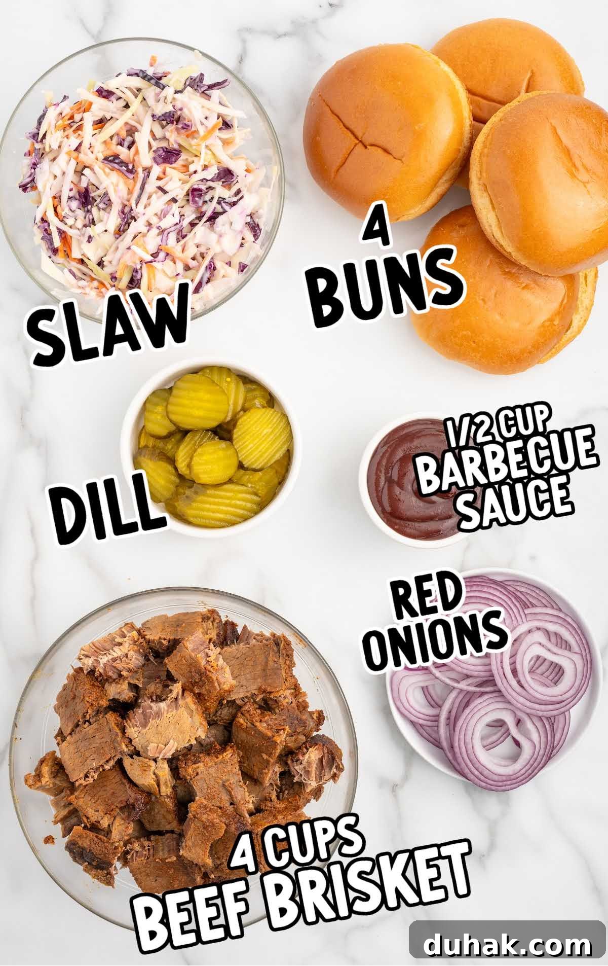 Smoky Texas Brisket Sandwich Recipe for Tender Pulled Beef 3 Brisket Sandwich raw ingredients that are labeled