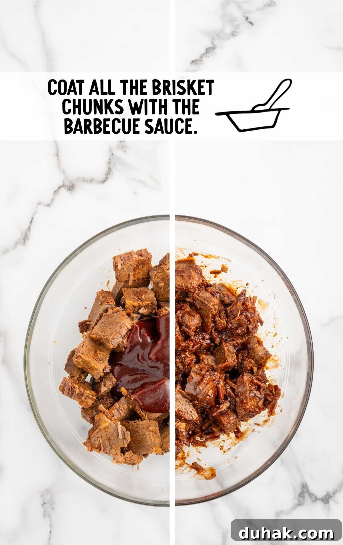 Smoky Texas Brisket Sandwich Recipe for Tender Pulled Beef 4 beef brisket and barbecue sauce combined in a bowl