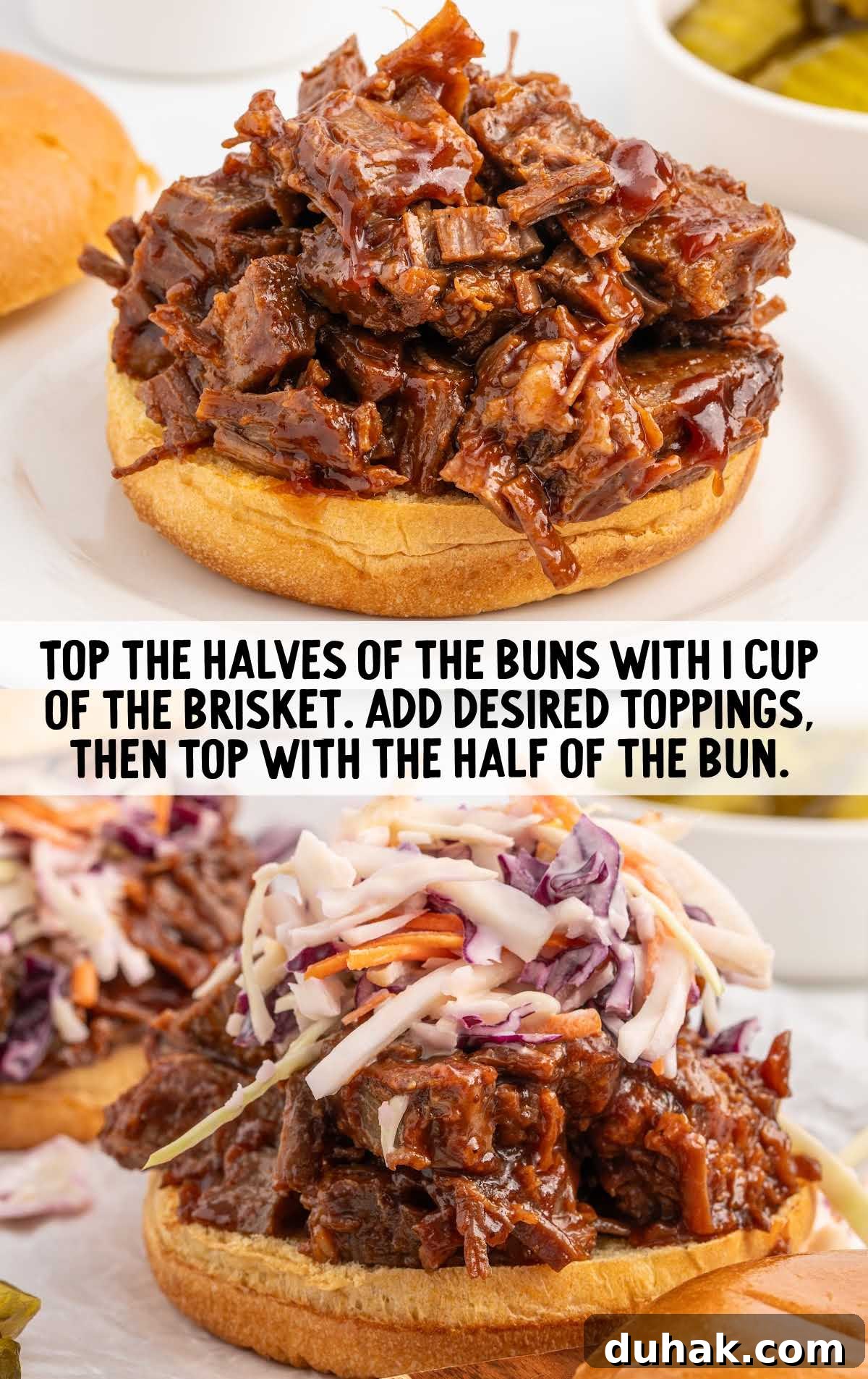 Smoky Texas Brisket Sandwich Recipe for Tender Pulled Beef 5 sandwich topped with brisket and slaw