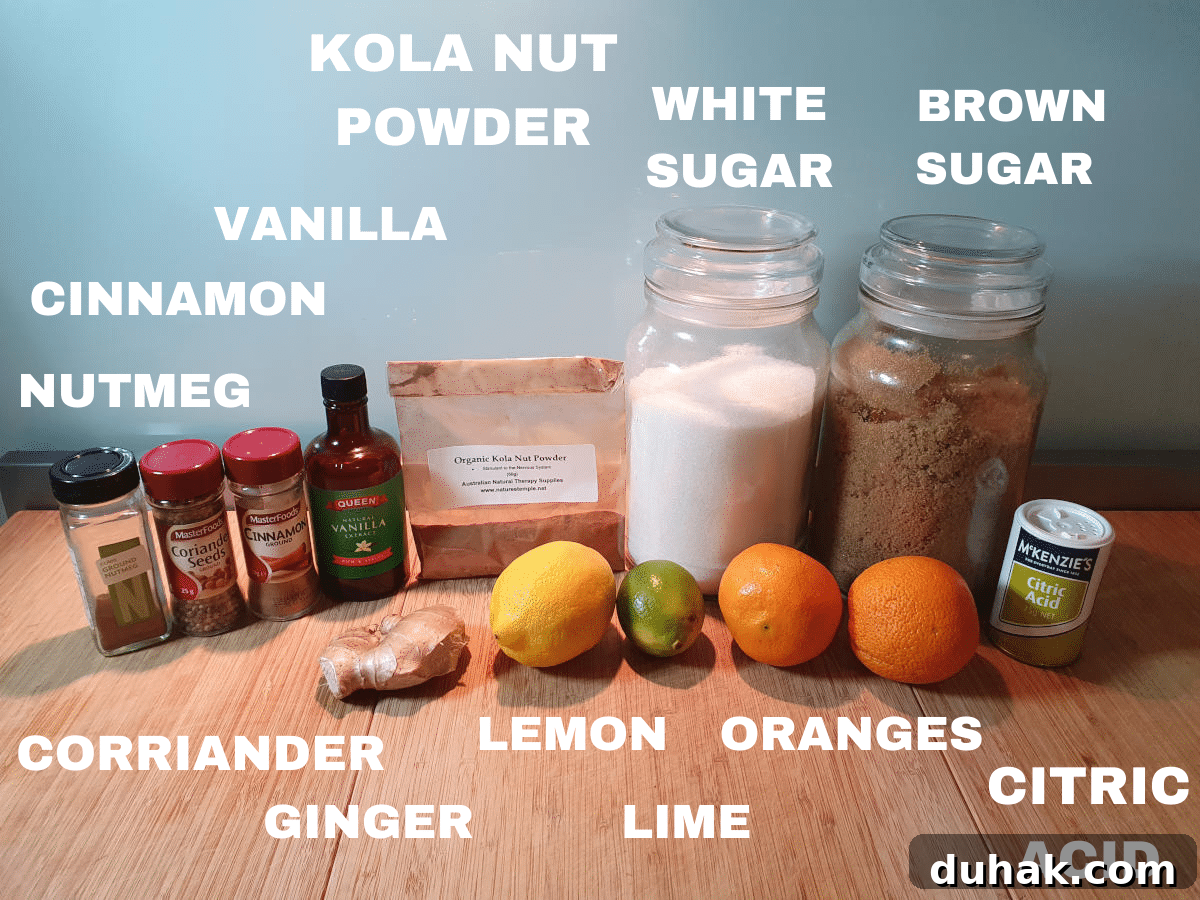 How to Make Homemade Cola Soda from Scratch 3 Homemade cola ingredients, ground nutmeg, corriander seeds, ground cinnamon, vanilla essence, fresh ginger, kola nut powder, lemon, lime, orange, white sugar, brown sugar, citric acid.