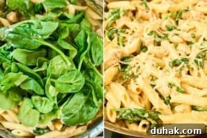 One-Pan Creamy Chicken and Spinach Pasta Skillet 6 spinach on top of pasta