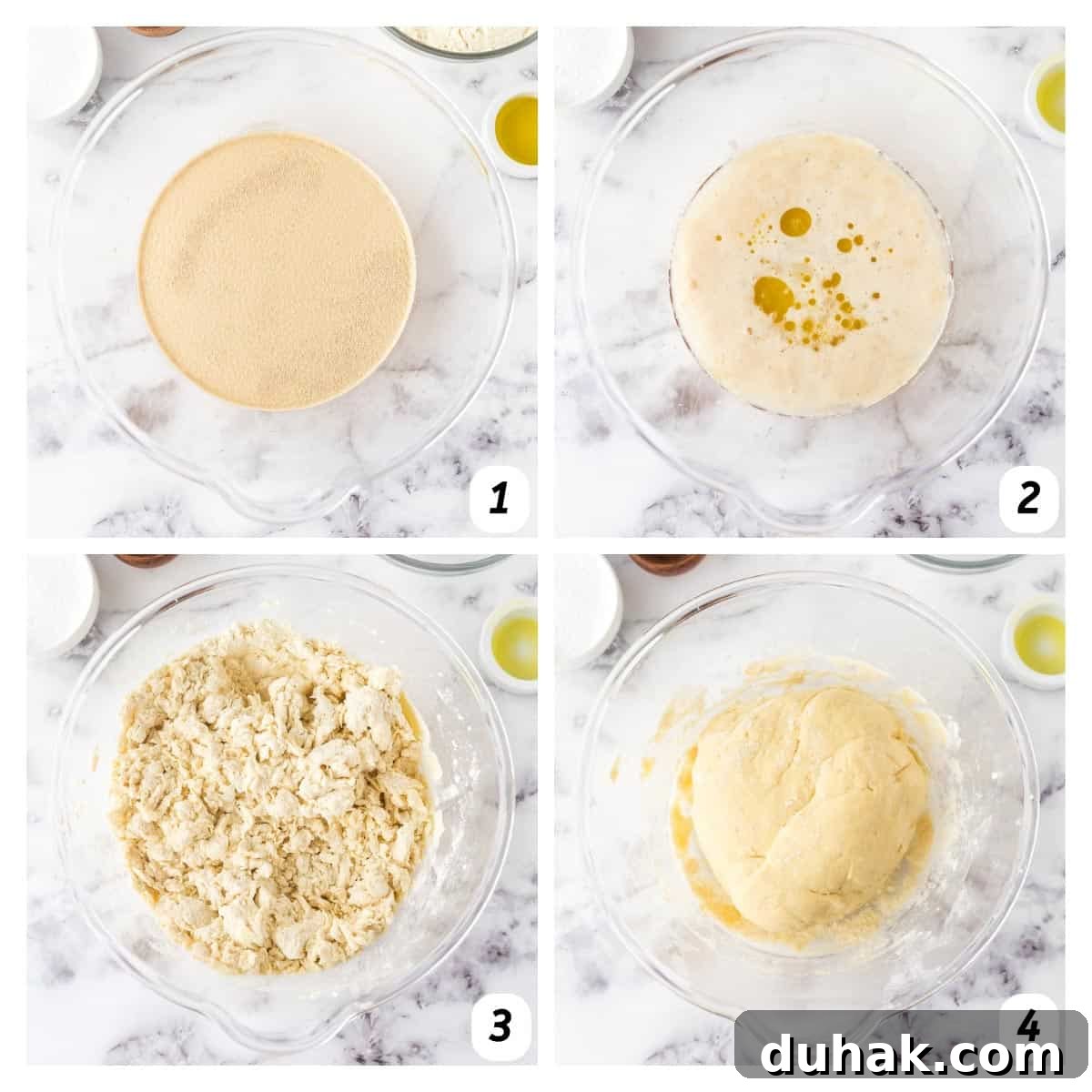 Four panel grid of process shots 1-4 - combining yeast, water, sugar, olive oil, and honey to form dough.