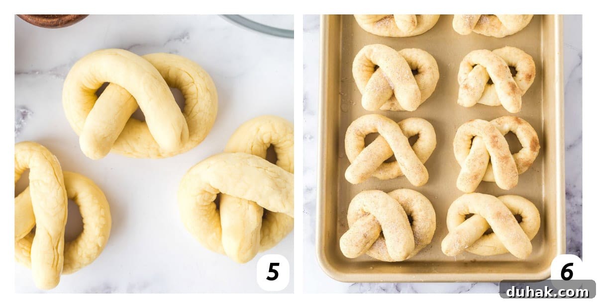 Two panel grid of process shots 5-6 - rolling dough, forming pretzel shape, and arranging on baking sheet to bake.