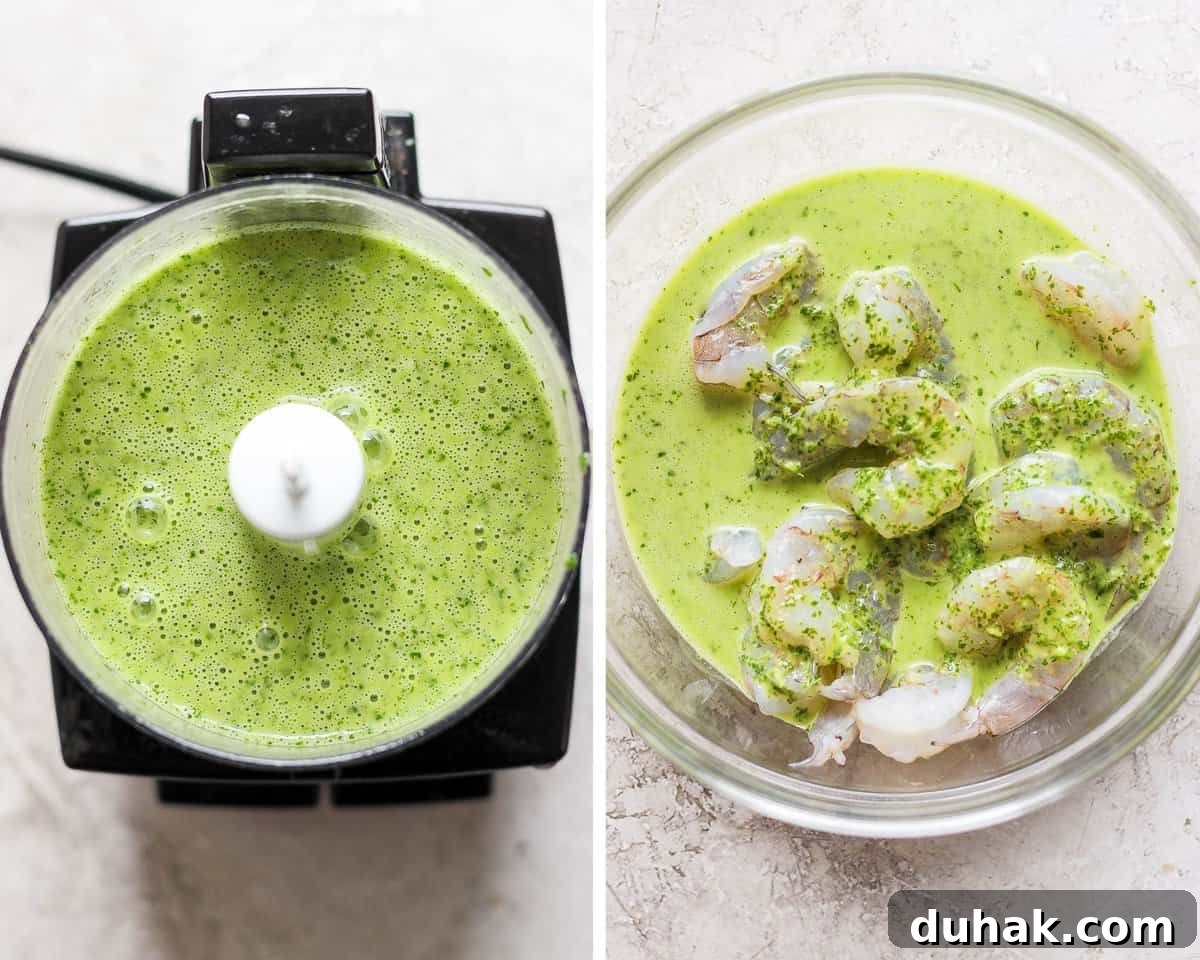 Cilantro-Lime Shrimp Bowl with Creamy Cilantro-Lime Sauce 4 Two images showing the cilantro lime marinade in a food processor and then on top of the shrimp.