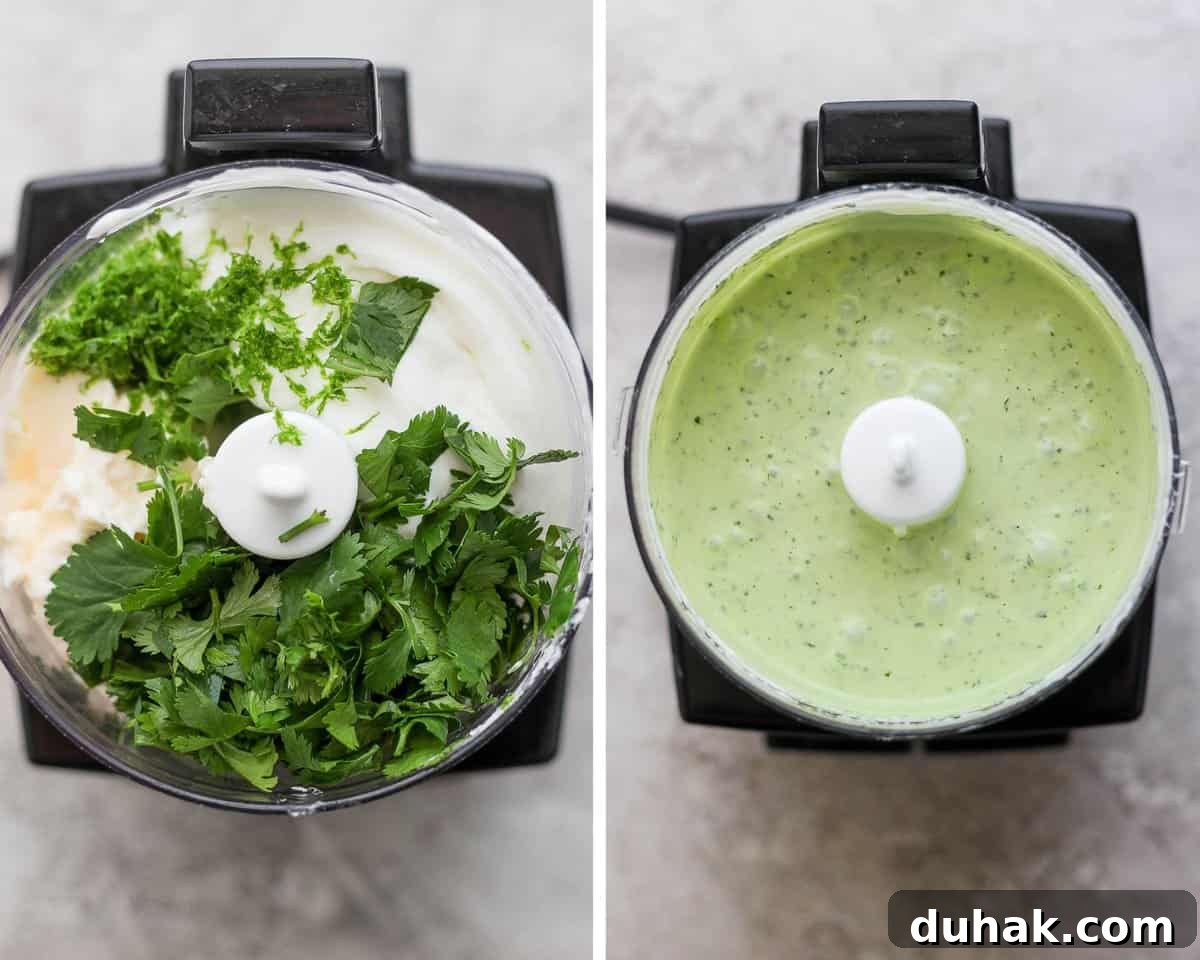 Cilantro-Lime Shrimp Bowl with Creamy Cilantro-Lime Sauce 6 The cilantro yogurt sauce ingredients in a food processor before blending and after.
