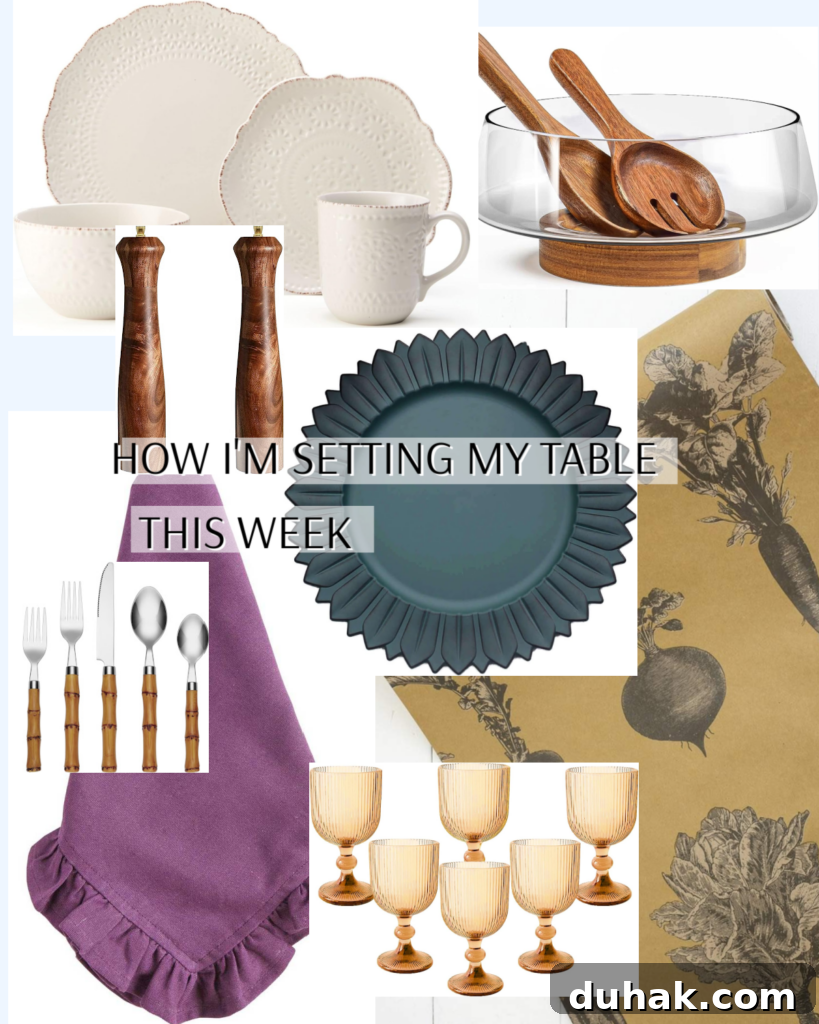 Dorito King Ranch Chicken and Savory Quiche Meal Plan (Monday Menu 190) 3 Table linens, dishes, serving bowls, silverware, glassware, and table runner showing how to set the table this week.