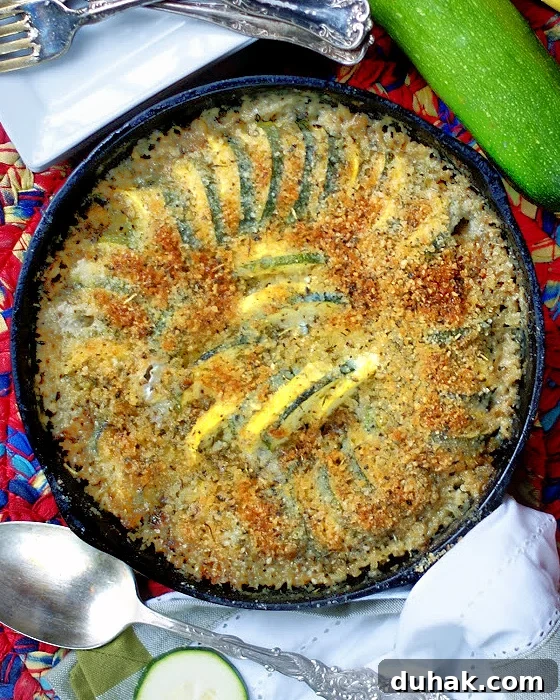 Southern Zucchini Squash Casserole in a cast iron skillet