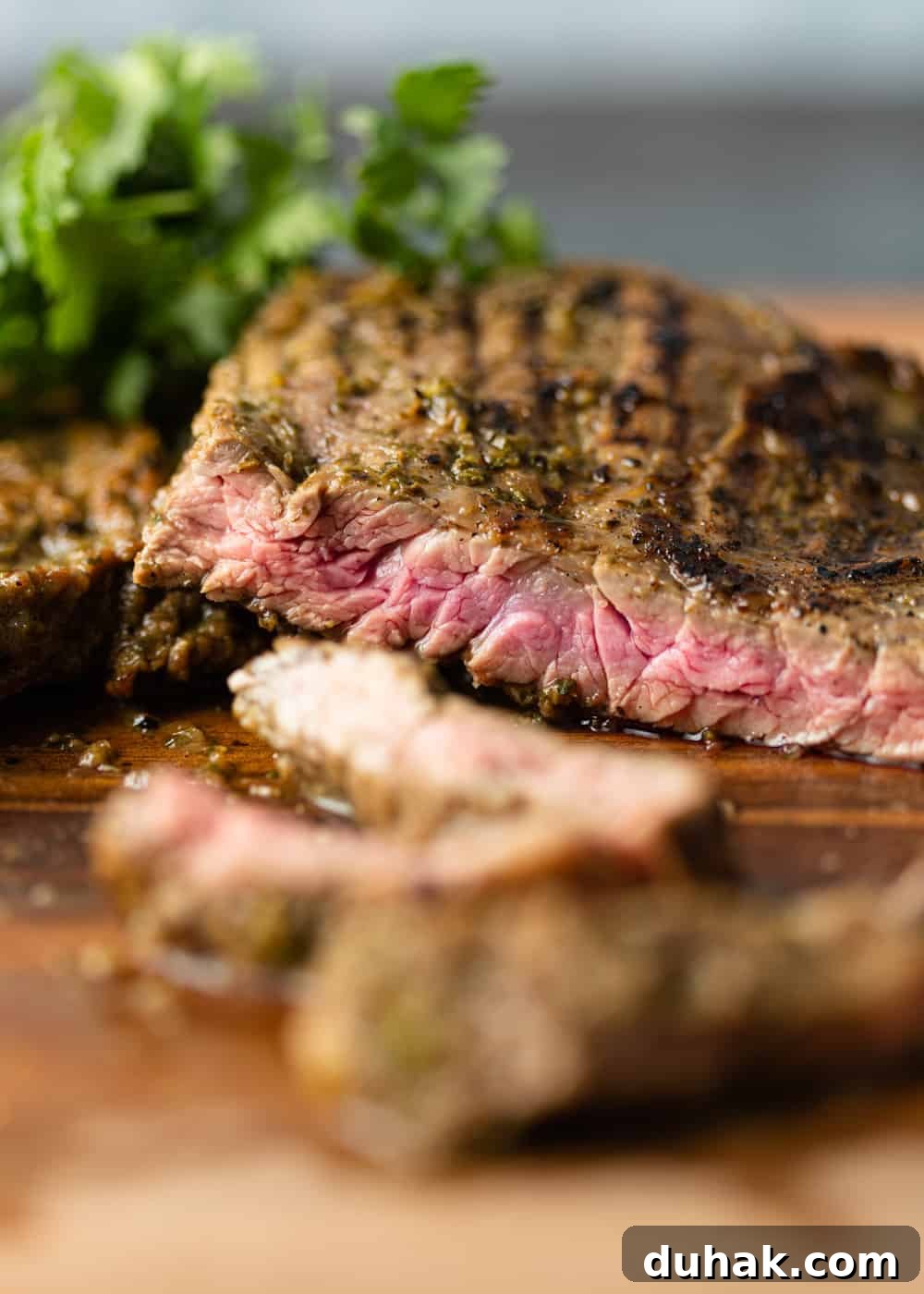 close up of medium rare skirt steak