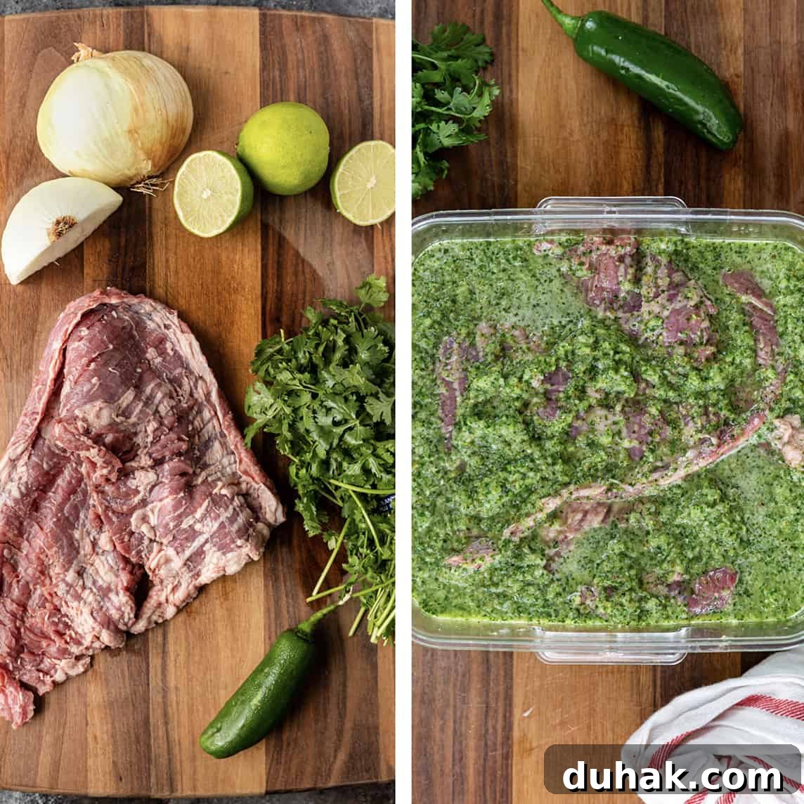 photo collage: on left - raw skirl steak with ingredients to make cilantro lime steak marinade. on right - churrasco steak in marinade