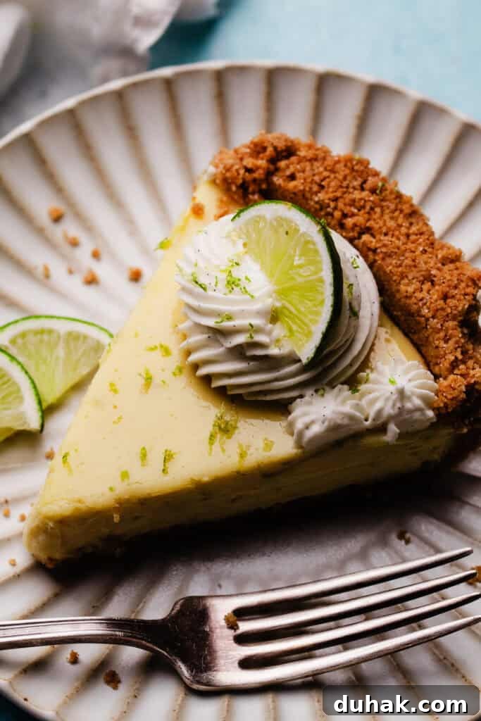 A bird's eye view of a slice of the pie on a dessert plate. The slice is topped with a swirl of whipped cream and a lime slice.