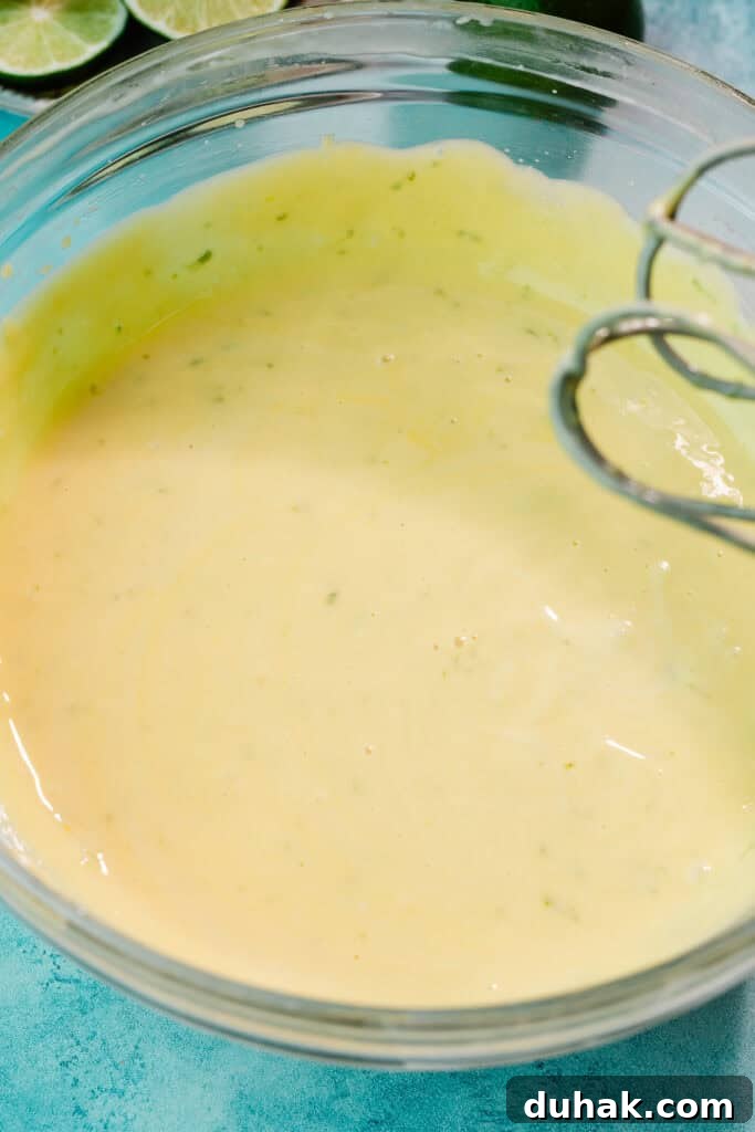 The finished key lime pie filling. It's thick but not super thick, with a yellowish tint.