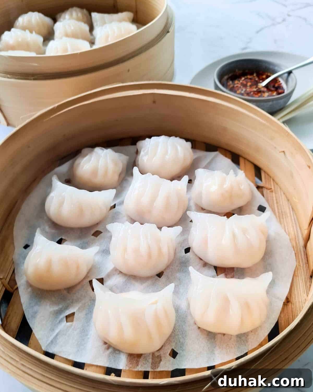 A bamboo basket filled with dumplings