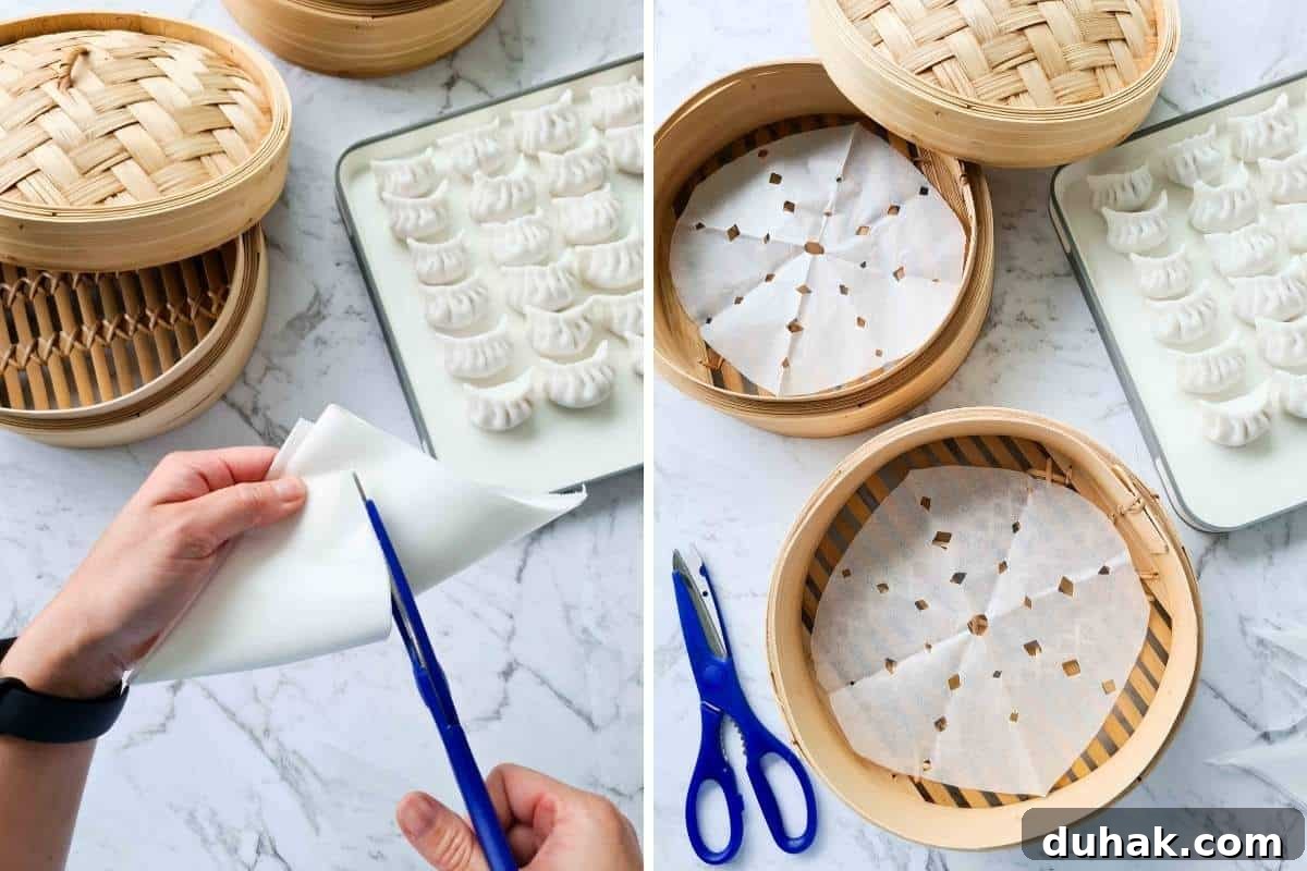 Trimming baking paper to fit into bamboo steamer baskets