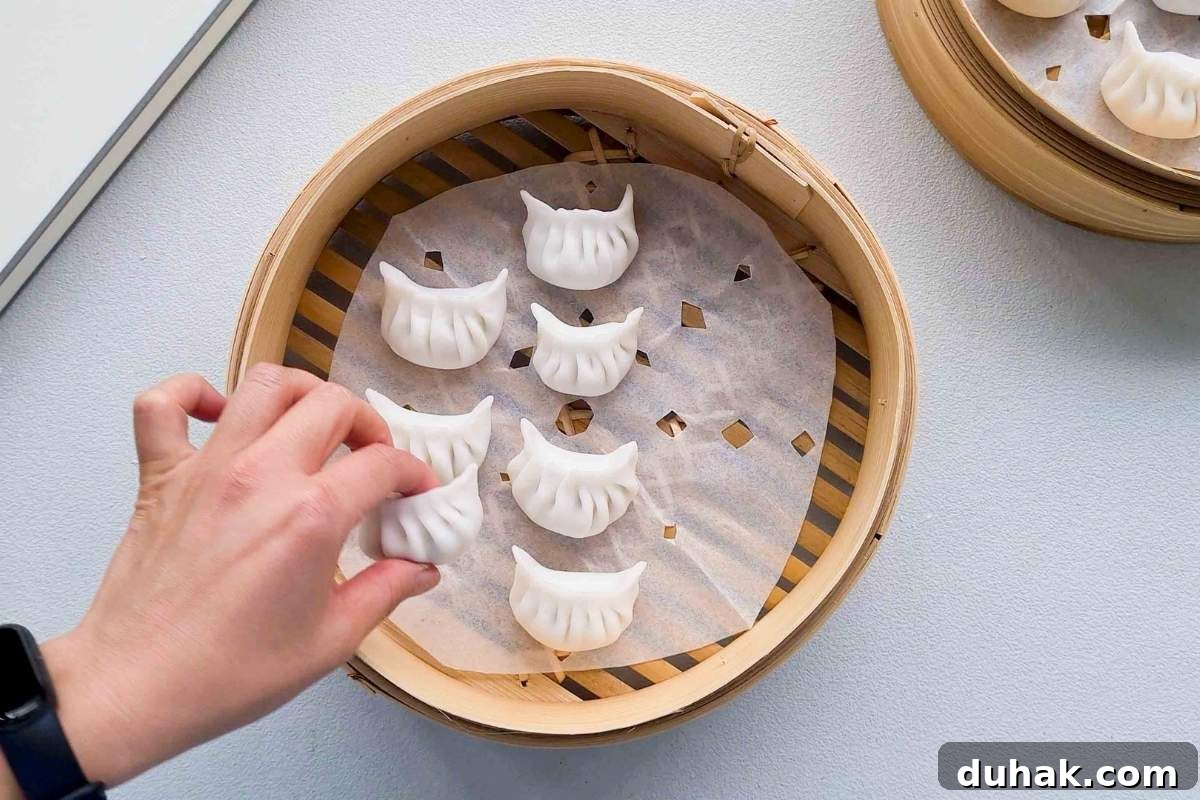 Dumplings being placed inside bamboo steamer basket