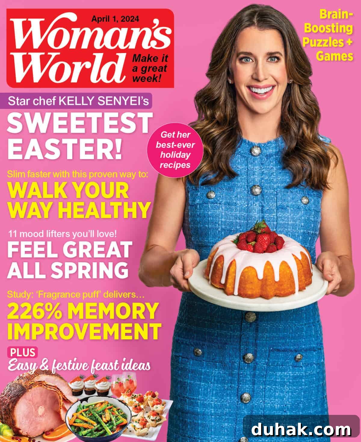 Glazed Lemon Pound Cake Recipe with Zesty Drizzle 3 Kelly Senyei on the cover of Woman's World April 2024 magazine.