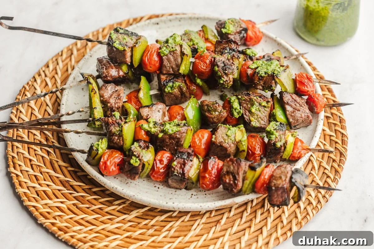 Finished kabobs with pesto
