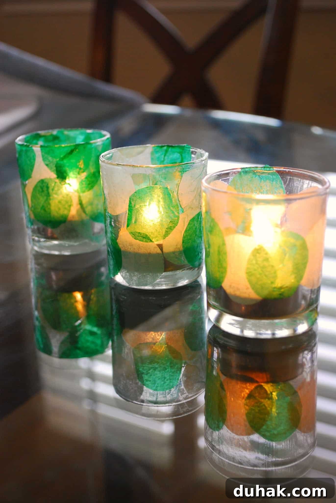 St. Patrick’s Day Votive Candle Craft Ideas 2 3 tissue paper decorated votives.
