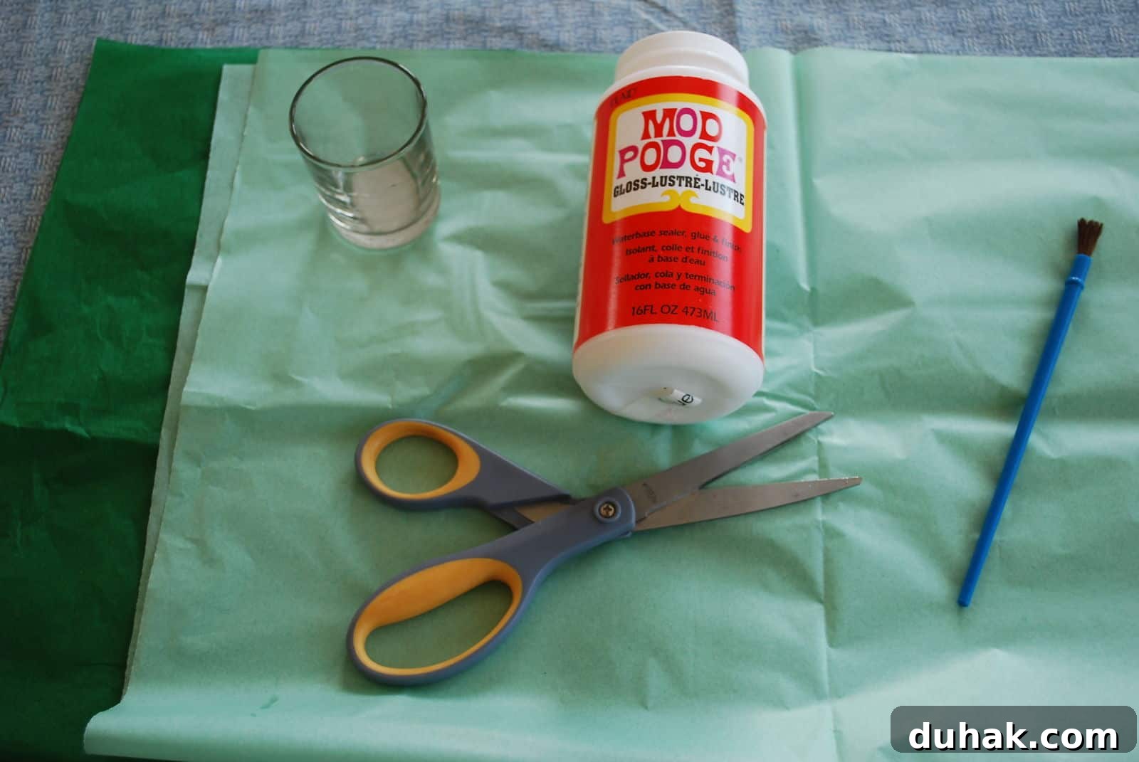 St. Patrick’s Day Votive Candle Craft Ideas 3 mod podge votive, tissue paper, scissor