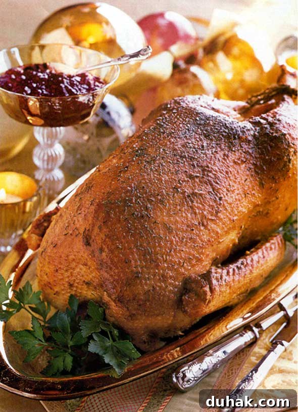A whole roasted goose on a platter, garnished with parsley