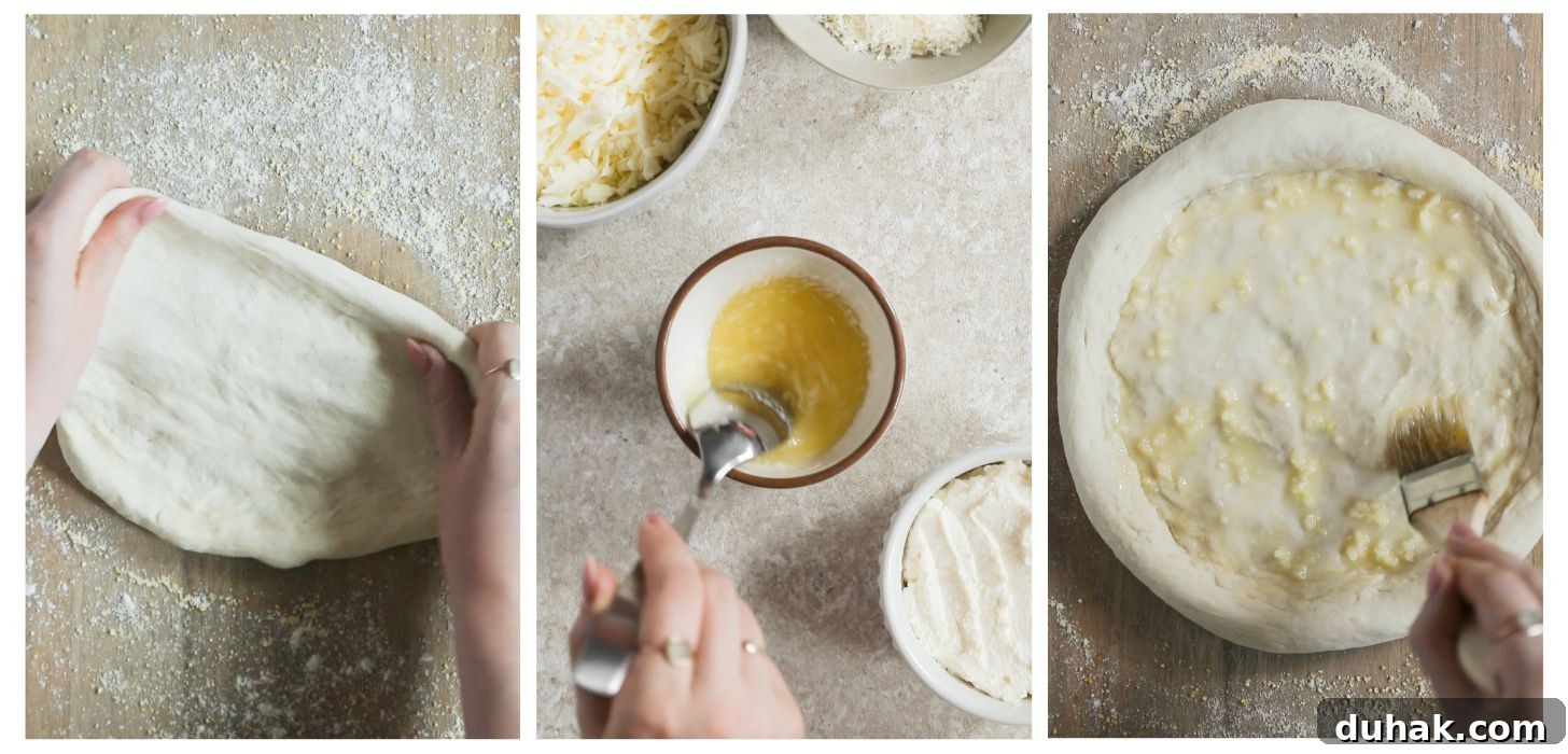 Cacio e Pepe Pizza Recipe: Crisp Crust with Creamy Pepper Sauce 4 Three steps to making pizza; in photo 1, hands stretch pizza dough on a floured wood board. In photo 2, a hand mixes garlic butter in a white bowl on a beige counter next to three white bowls of cheese. In photo 3, a hand brushes garlic butter on pizza dough on a wood board.