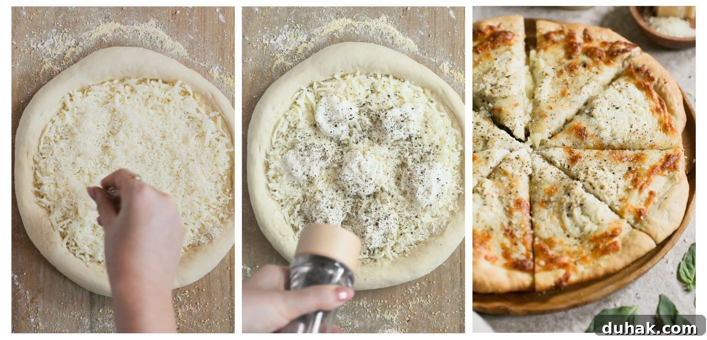 Cacio e Pepe Pizza Recipe: Crisp Crust with Creamy Pepper Sauce 5 Three steps to making cacio e pepe flatbread; in photo 1, a hand sprinkles Parmesan and mozzarella on pizza dough placed on a wood board. In photo 2, hands grind pepper over the pizza. In photo 3, the pizza is baked and placed on a wood board next to basil and a wood bowl of Parmesan with a beige background.