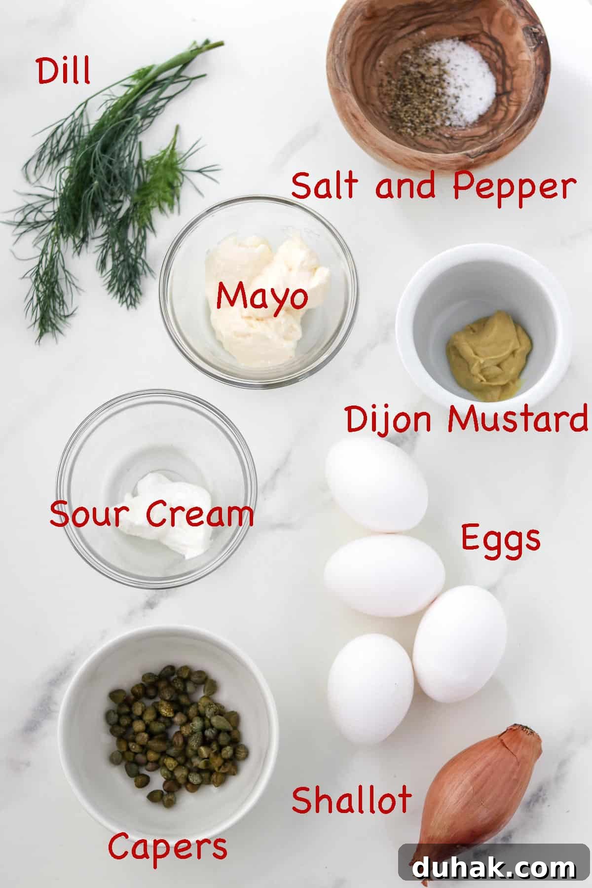 Creamy Egg Salad with Dill, Capers & Lemon Zest 3 Labeled ingredients for Creamy Egg Salad with Dill and Capers.