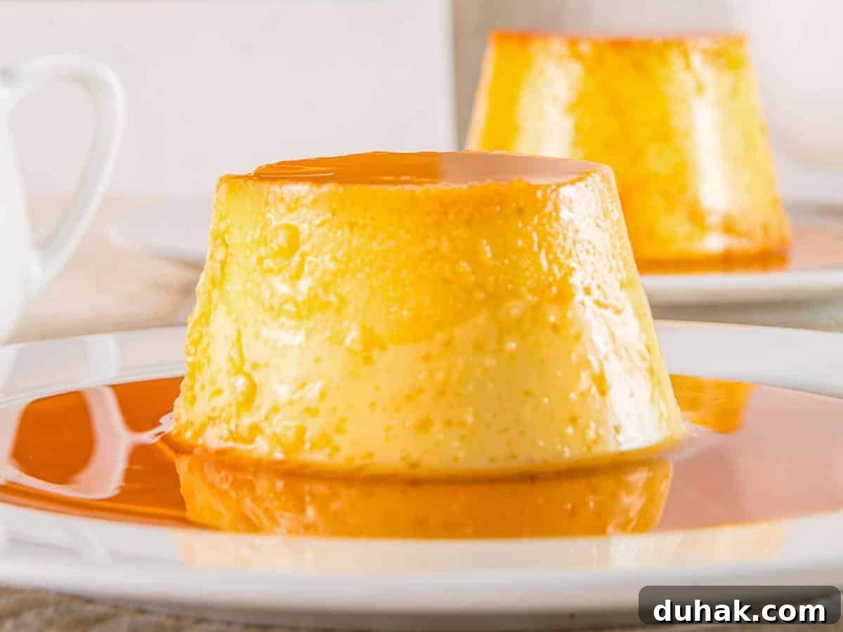 A close-up photo of a creamy flan with caramel sauce on a white plate.