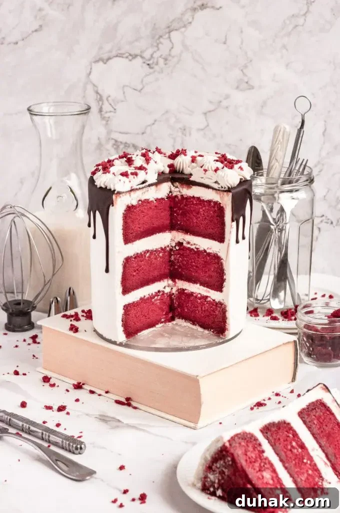 Vegan Gluten-Free Christmas Cookie Recipes 14 A bright white red velvet cake topped with a dark chocolate ganache drip and white frosting swirls on top. There is bright red cake crumbs sprinkled on top of the frosting.