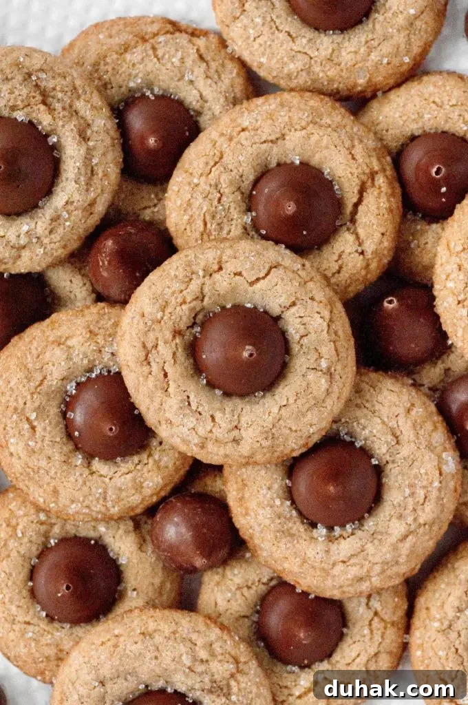 Vegan Gluten-Free Christmas Cookie Recipes 10 Light golden brown peanut butter blossom cookies that are topped with a dark brown chocolate kiss on top.