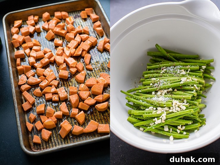 One-Pan Italian Sausage with Roasted Vegetables 3 Peeled, cubed sweet potato ready to roast on a sheet pan, and green beans prepped to be added after a few minutes.
