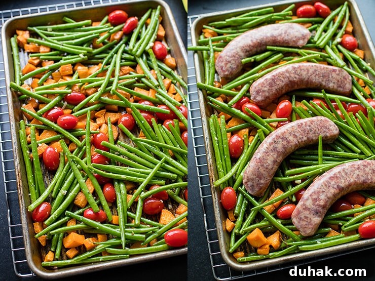 One-Pan Italian Sausage with Roasted Vegetables 5 Sweet potatoes, green beans, and cherry tomatoes mixed on a sheet pan ready to roast, then topped with Italian sausage for a full sheet pan dinner.